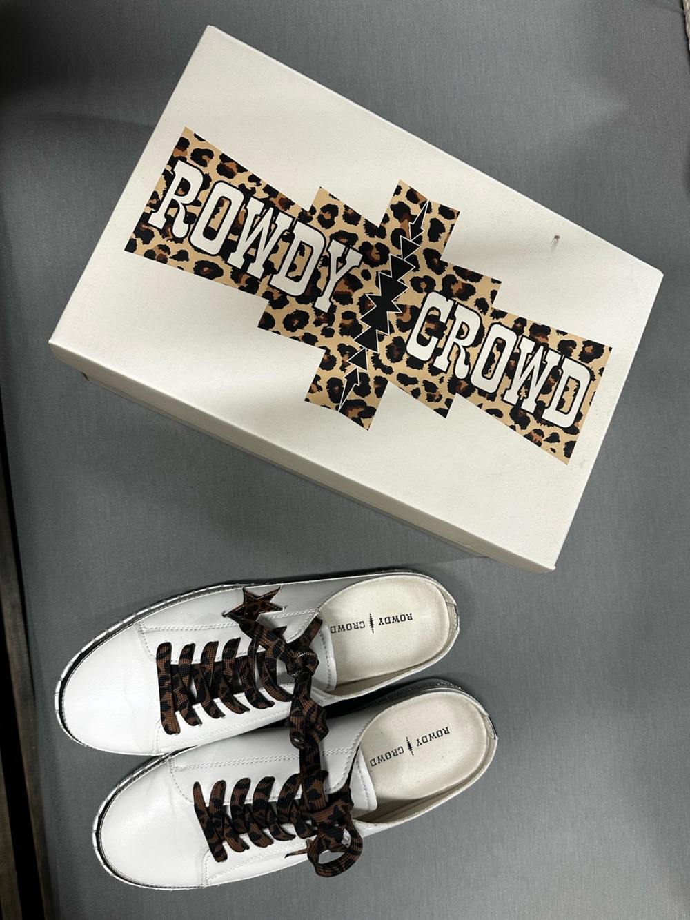 Women’s White Faux Leather Sneakers with Leopard Accent & Bling